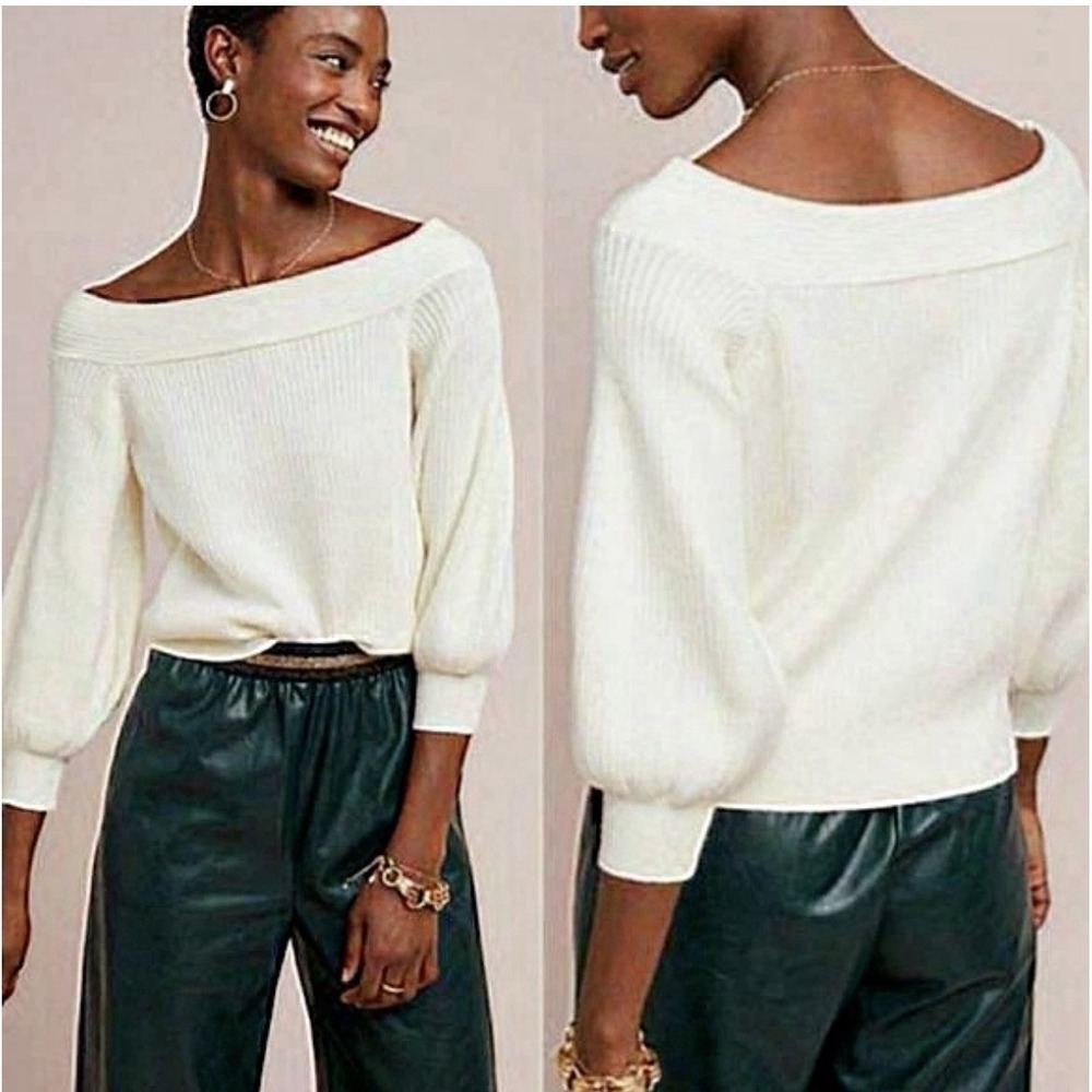 Anthropologie Sweater Small Moth Off Shoulder Ivory Ribbed Balloon Sleeve BBB3-1